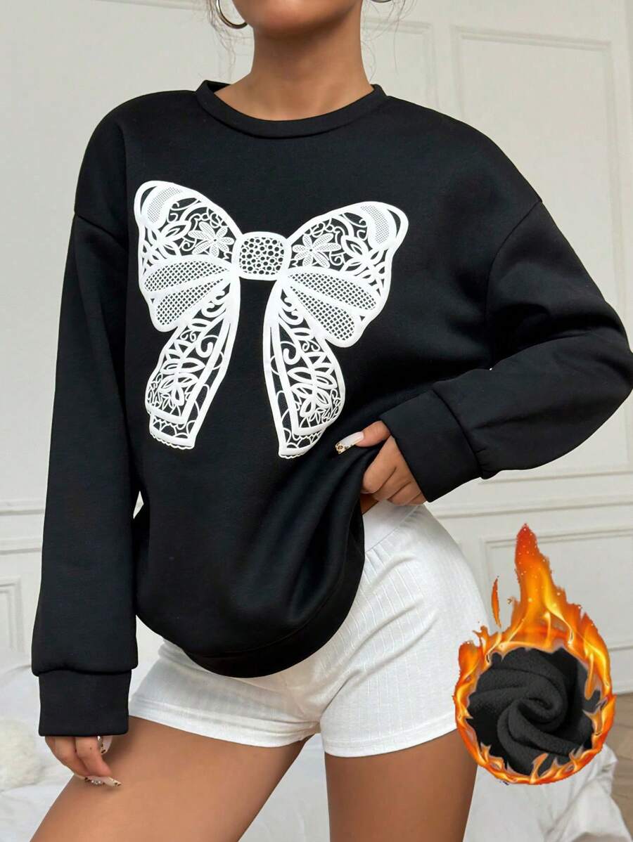 Flirla Crew Neck Long Sleeve Butterfly Print Minimalist Sweatshirt, Casual Daily Wear Pullover Fall Outfit - Black - View 1