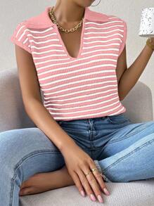 Chiquease Women's Collared Sleeveless Striped Minimalist Knit Sweater Vest, Casual Everyday Wear - Baby Pink - View 4