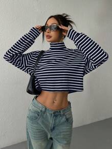 SHEIN EZwear Navy Blue & White Striped Knitted Turtleneck Top For Women