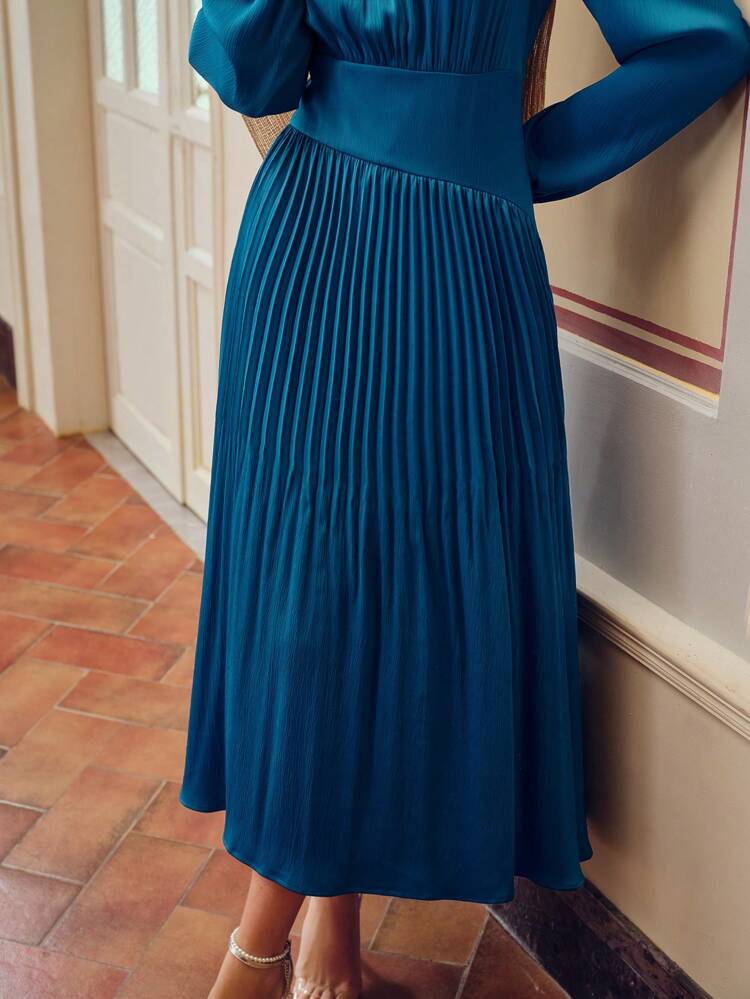 ZEYLAH VESTIDO CON MANGA DE LINTERNA SÓLIDA, BAJO PLISADO