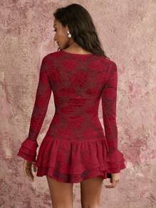 COSMINA Women's Casual Sexy Double Layered Skirt Three-Layered Cuff Ruffle Hollow Out See-Through Rose Lace Mini Dress