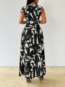 Zolique 不对称几何印花不对称领口单短袖高腰系带前不对称高低开叉长款女式衬衫单肩上衣