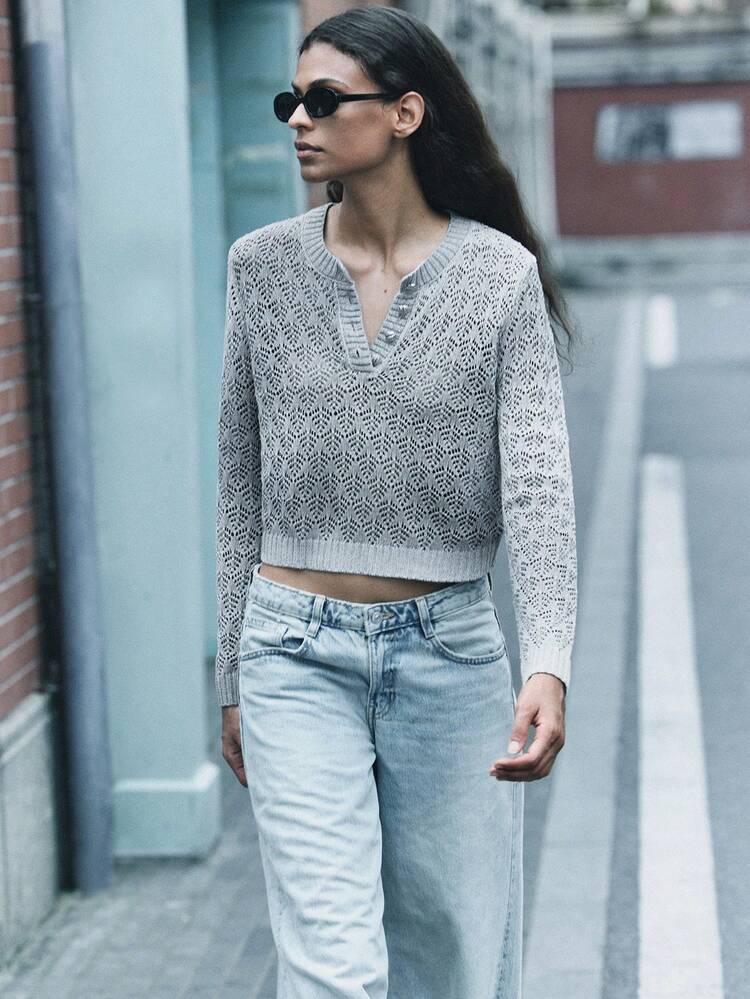 SHEIN Maija Casaco de Tricô Feminino de Manga Longa com Botão e Recorte, Suéteres para Primavera, Outono e Inverno