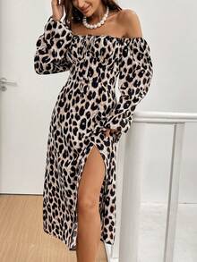 SHEIN Frenchy Đầm xòe tay đèn lồng cổ vuông họa tiết da báo thanh lịch cho nữ, mùa thu - Nhiều màu - Xem 6