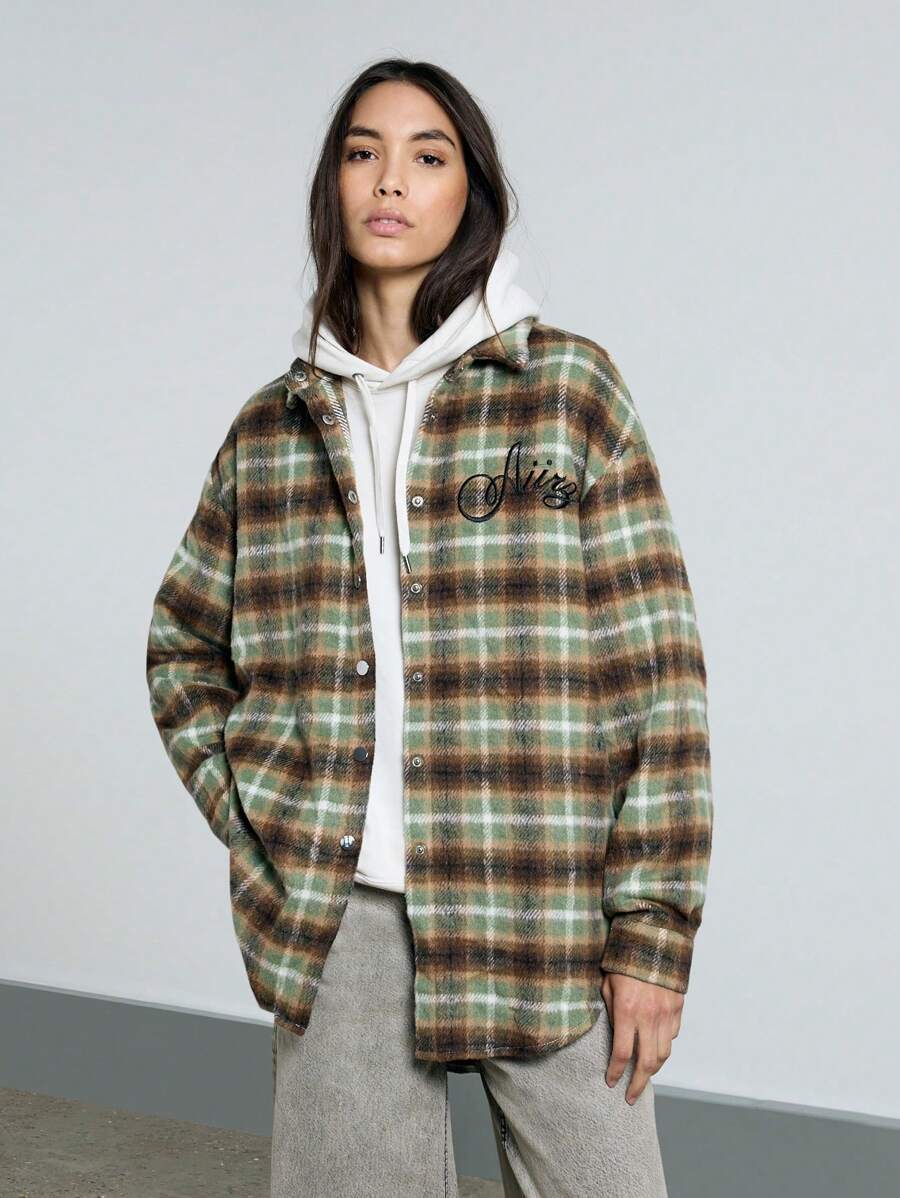 AiiRZ Logo Embroidered Checked Flannel Collared Button Down Oversized Shirt - Multicolor - View 1