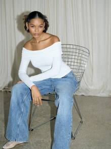 AiiRZ Ruched Bardot Long Sleeve Fitted Top - White - View 5