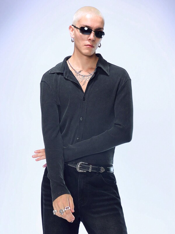 Manfinity UZERO Camicia in cotone casual a maniche lunghe, dalla vestibilità ampia e spalle cadenti, con collo rivoltato, adatta per l'autunno e uso quotidiano