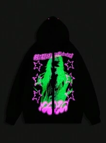 ROMWE MEN Street Life Men's Luminous Street Print Zip-Up Hoodie - Black - View 6