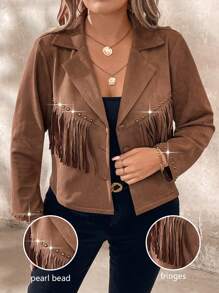 SHEIN LUNE Chaqueta con decoración de flecos y tachuelas de moda talla grande, otoño - Marrón - Ver 1