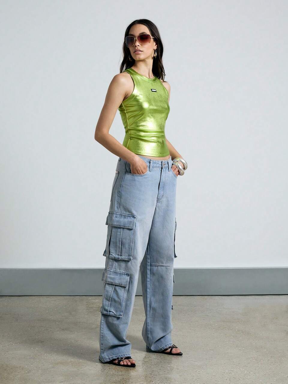 AiiRZ Washed Flap Cargo Pocket Low Rise Baggy Jeans