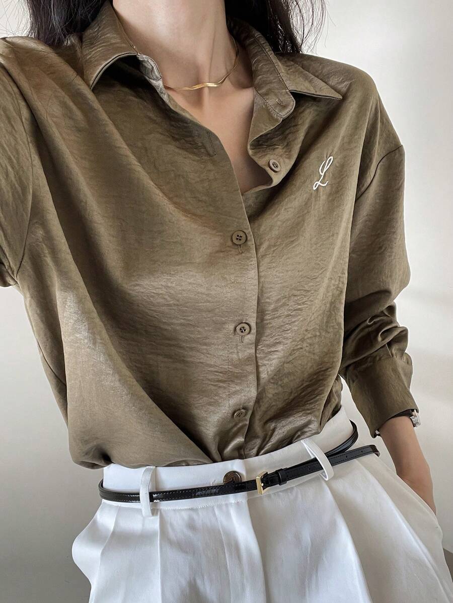 DAZY 女式仿麂皮柔软刺绣宽松长袖上衣 - 棕色 - 查看 1
