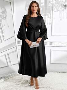 SHEIN Clasi Đầm trang trí đính cườm cổ tròn tay dài thanh lịch cỡ lớn - màu đen - Xem 6