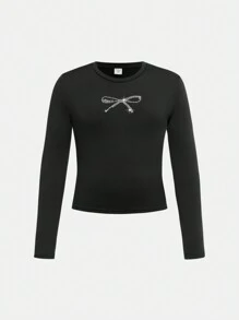 SHEIN Leap Crew Tween Girls Plain Knit Crew Neck Long Sleeve Top, Casual Everyday Wear - Black - View 1