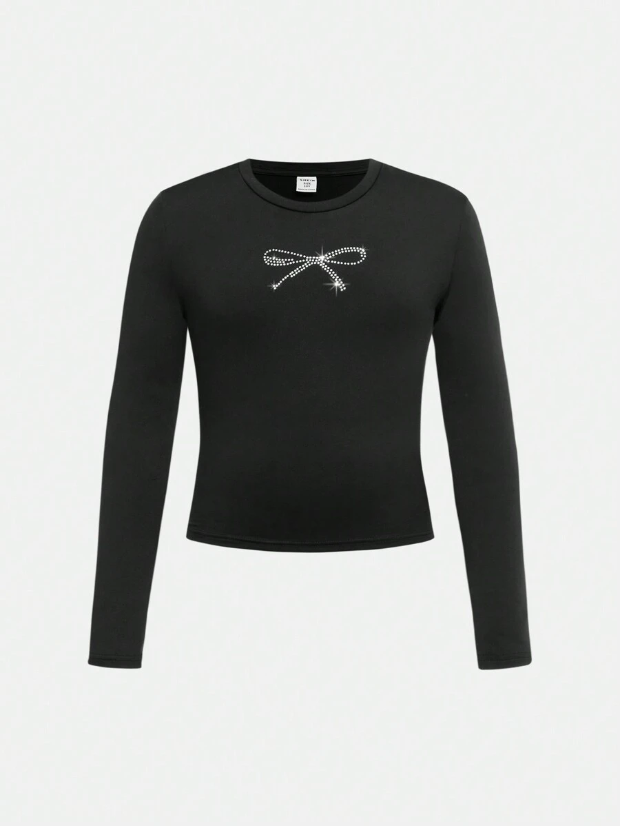 SHEIN Leap Crew Tween Girls Plain Knit Crew Neck Long Sleeve Top, Casual Everyday Wear - Black - View 1