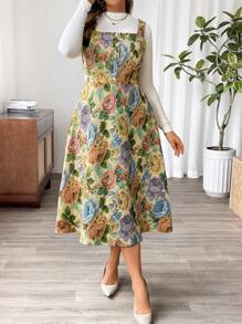 Franclia Plus Size Front Button Floral Print Cinched Waist A-Line Long Casual Dress - Apricot - View 4