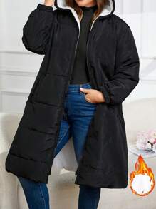 加大码纯色长袖连帽休闲加厚棉服外套，冬季服装长款黑色外套长款冬季外套黑色冬季外套