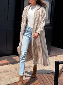 Chiquease Women's Houndstooth Stand Collar Mid-Length Double Breasted Casual Overcoat Thermal Fall Cloth For Women