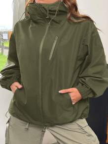 Muchica 女士秋季拉链高领多口袋连帽风衣夹克 - 軍綠色 - 查看 1