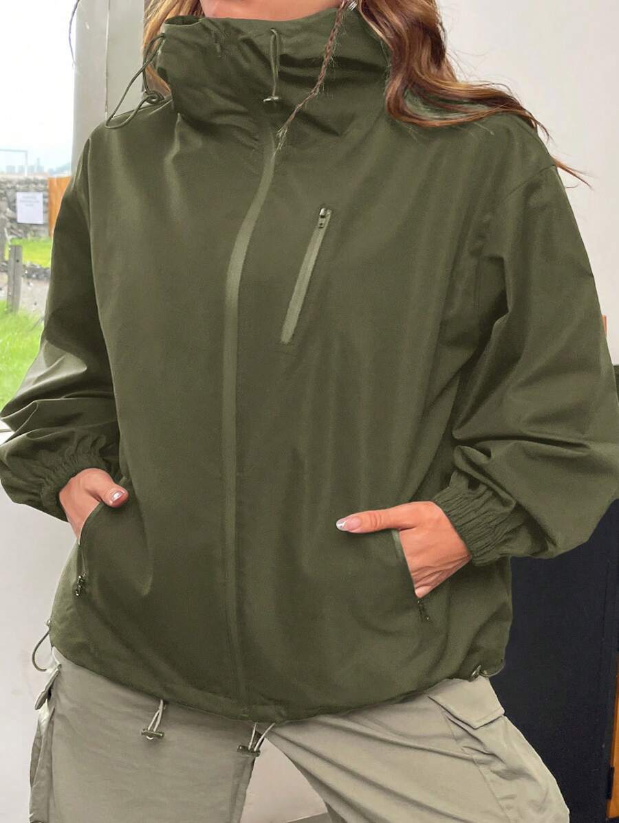 Muchica 女士秋季拉链高领多口袋连帽风衣夹克 - 軍綠色 - 查看 1