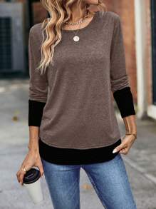 EMERY ROSE Áo thun dài tay phối màu kiểu dáng thường ngày, áo thun mùa thu, áo nữ cho mùa xuân. - Màu Khaki - Xem 3