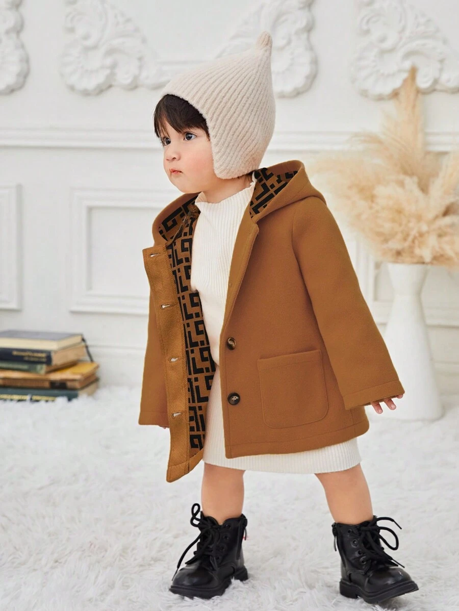 SHEIN 女宝宝中性款几何印花连帽夹克 - 卡其色 - 查看 1