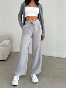 EURMUSE Women Neutral Drawstring Waistband Pants - Light Grey - View 7