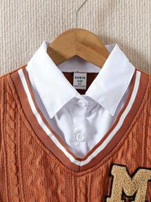 SHEIN Girls Casual Long Sleeve Collared Splice Knit Dress With Pleated Hem