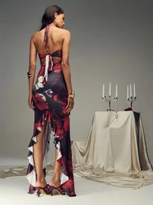 SHEIN Unity Women's Hollow Out Halter Neck Oil Painting Rose Print Dress - Multicolor - View 2