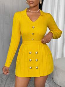 VaVaBold New Yellow Button Minimalist Sexy Sweater & Pleated Skirt Set - Yellow - View 4
