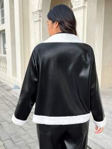 SHEIN Frenchy 大码 Barnfit、休闲毛绒、保暖、日常 PU 皮革面板毛绒饰边前翻领开襟夹克、秋冬、谷仓 - 黑與白 - 查看 4