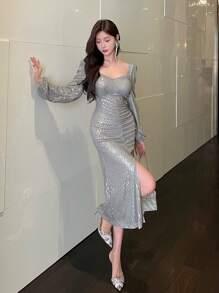 DAZY Women Square Neckline Sequin Side Slit Long Sleeve Midi Dress, Birthday ,New Year Eve Prom Dress