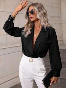 SHEIN LUNE Women's Solid Color Long Sleeve Bodysuit With Pockets, For Fall - Black - View 5