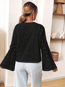 SHEIN VCAY Plus Size Women's Casual Solid Color Woven Long Sleeve Front Tie Detail Loose Shirt