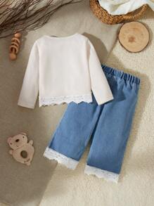 SHEIN 2 件套新生女童休闲复古花卉蕾丝边圆领长袖上衣和牛仔裤套装，适合秋冬季外出度假 - 彩色 - 查看 2