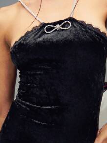 SHEIN Unity Velvet Bow Front Lace Detail Diamante Strap Mini Dress - Black - View 4
