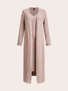 Slaydiva 2pcs V-Neck Midi Knit Dress And Long Cardigan Set - Beige - Apricot - View 1