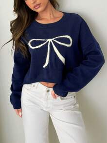 Bow Tie Print Cropped Round Neck Casual Long Sleeve Pullover Sweater - Navy Blue - View 1