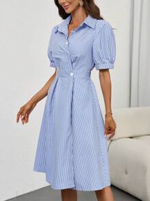 INAWLY 女士条纹印花短袖中长连衣裙