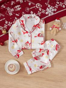 SHEIN Kleine Mädchen Set aus Langarm Schlafanzug mit Lebkuchenmann- und Zuckerstangen Muster, Familien Weihnachts Schlafanzüge passend für Herbst & Winter - Rot-Weiß - Übersicht 8