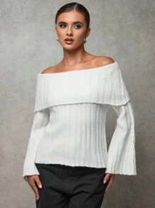 SHEIN BAE Women White Autumn Elegant Date Off Shoulder Flared Sleeve Loose Knitted Sweater,Solid Color Hollowed Oversized Soft Skin-Friendly Thickened Warm Tops - White - View 5