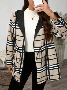 SHEIN LUNE 大码女式格子印花抽绳腰带帽双面休闲夹克，秋季 - 黑色 - 查看 3