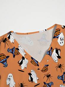 PopScrub Scrub Uniform Top With Halloween Pumpkin & Ghost Pattern - Multicolor - View 5