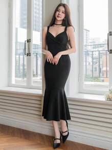 DAZY Vestido de tirantes finos de unicolor minimalista con cola de pez, apto para otoño y verano