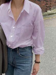 DAZY Women's Casual Dropped Shoulder Loose Patchwork Pocket Shirt Long Sleeve Top