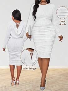SHEIN Lady Spring And Summer Autumn And Winter Elegant White  Knitted Off The Shoulder Pencil Midi Drawstring Long Sleeve Plus Size Dresses
