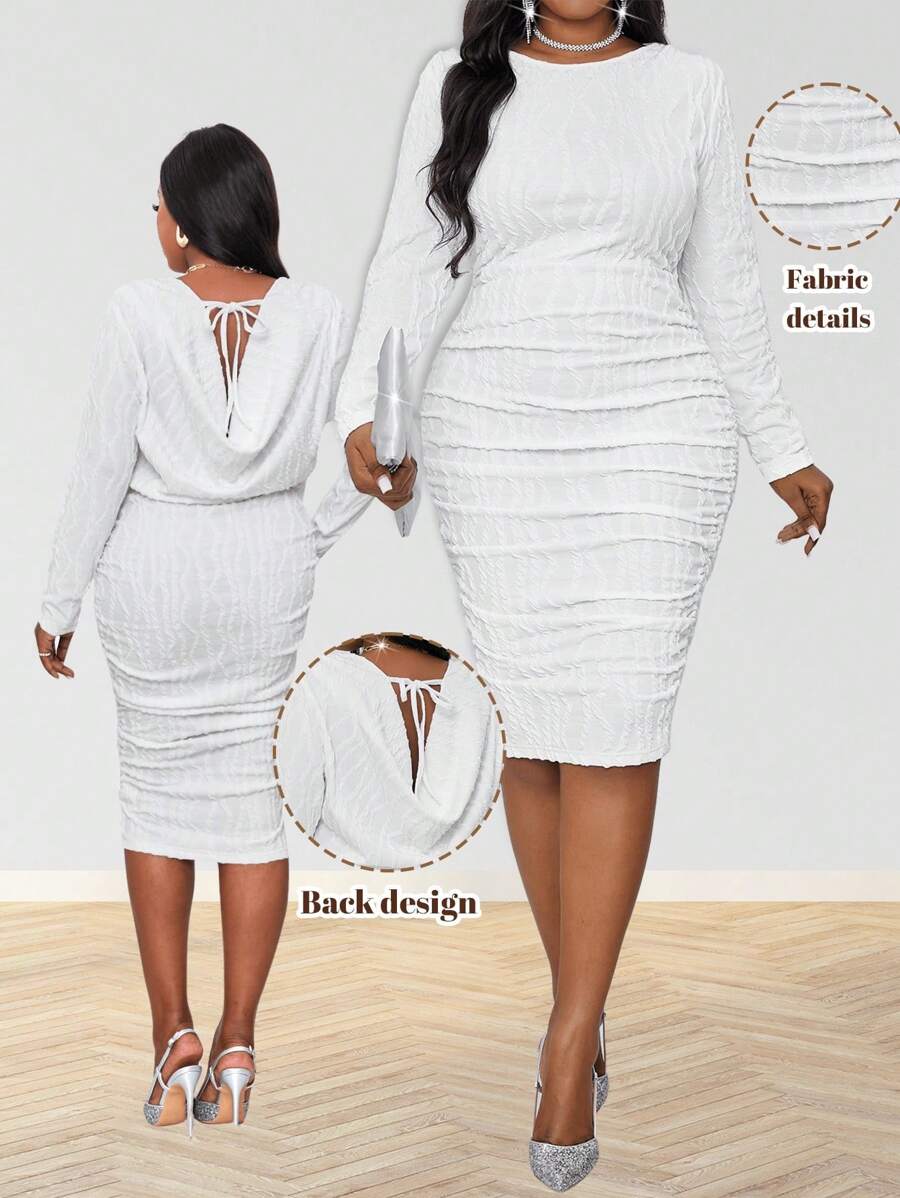 SHEIN Lady Spring And Summer Autumn And Winter Elegant White  Knitted Off The Shoulder Pencil Midi Drawstring Long Sleeve Plus Size Dresses