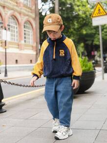 SHEIN 1pc Young Boy Korean Style Casual Sporty Chic Plush Windbreaker Jacket, Stand Collar Half-Zip, Ribbed Cuffs, Contrast Color Applique Letter Embroidery Design, Suitable For Schooling, Outdoor Sports, Streetwear, Autumn/Winter Season