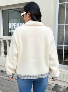 SHEIN Frenchy Chaqueta casual de talla grande de manga larga con botones delanteros, parche de color contrastante y bolsillo falso, para invierno - Albaricoque - Ver 6