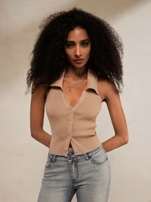 Forever 21 Casual top met haltergebreide mouwen en knoopsluiting voor dames, zomer