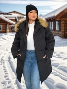 SHEIN EZwear 加大码连帽厚冬季外套，带毛边，中长款，宽松版型 - 黑色 - 查看 5